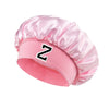 Pink satin hair cap with a black letter N print
