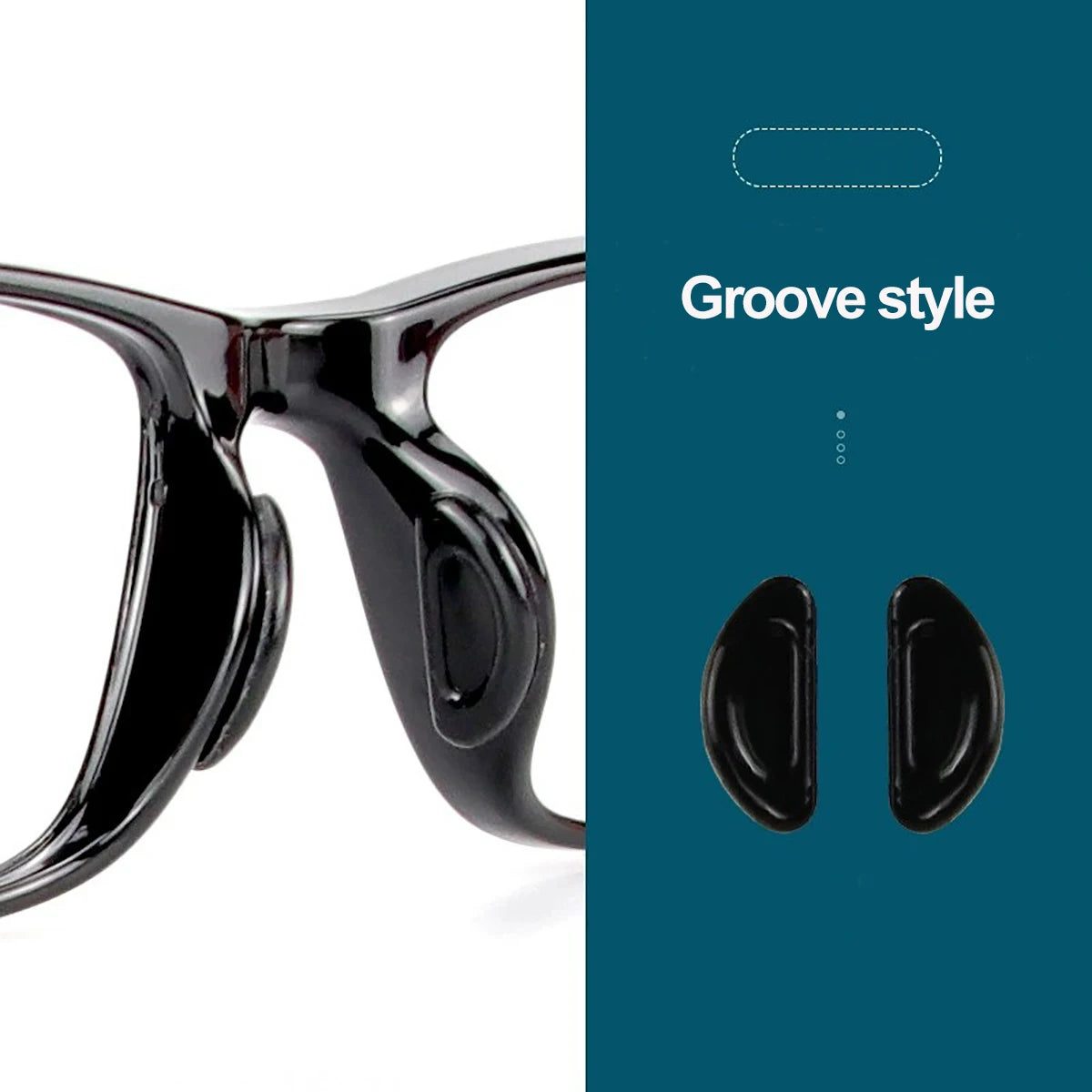 Un par de almohadillas nasales anti-resbalón de silicona negra para gafas, junto a un gráfico que ilustra el estilo ranurado.