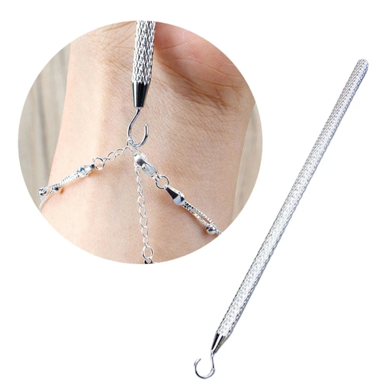 A silver precision jewelry tool kit showing a hook and a long, slender tool for clasps and closures.