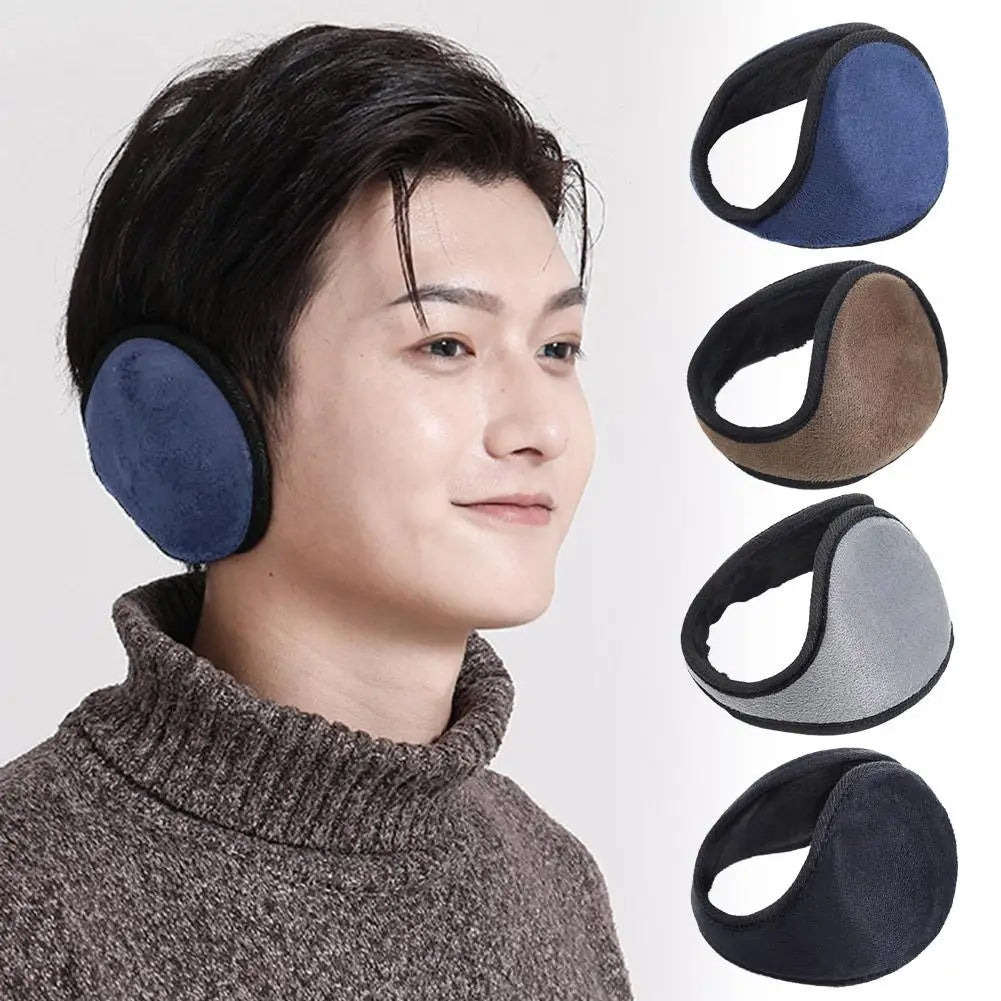 A person wearing dark gray clothing is shown next to several black and blue plush winter earmuffs.