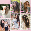 A collage of women showcasing various styles and colors of curly hair extensions for party, daily, travel, and wedding looks.