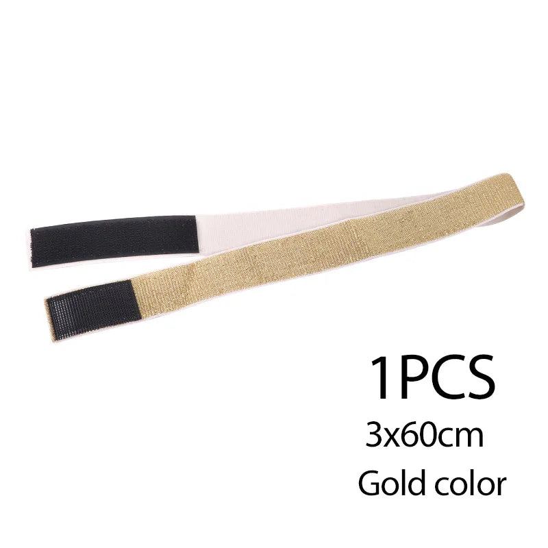 A gold colored lace wig edge band with black and white accents.