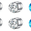 Three pairs of magnetic nose stud earrings made of stainless steel and cubic zirconia stones in blue and clear tones.