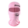 Mascarilla balaclava rosa con texto negro y diseño de monstruo goteando