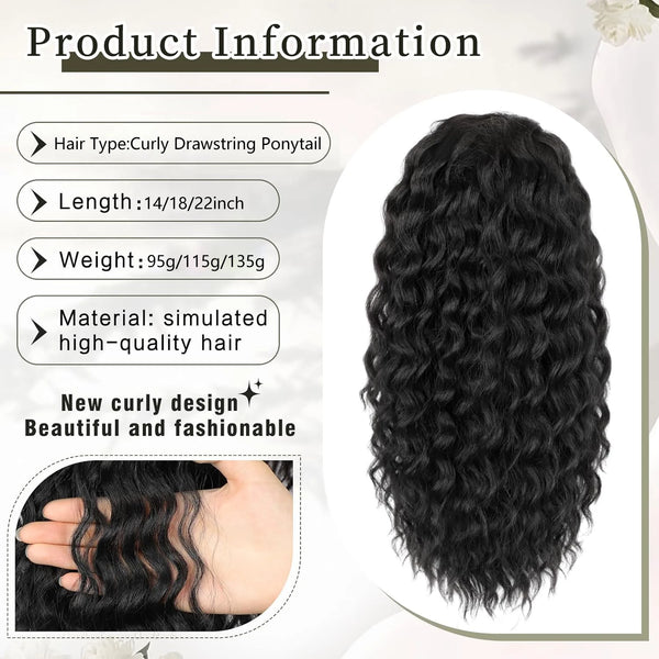 A bundle of long, black curly hair extensions shown with product information details and a close-up view.