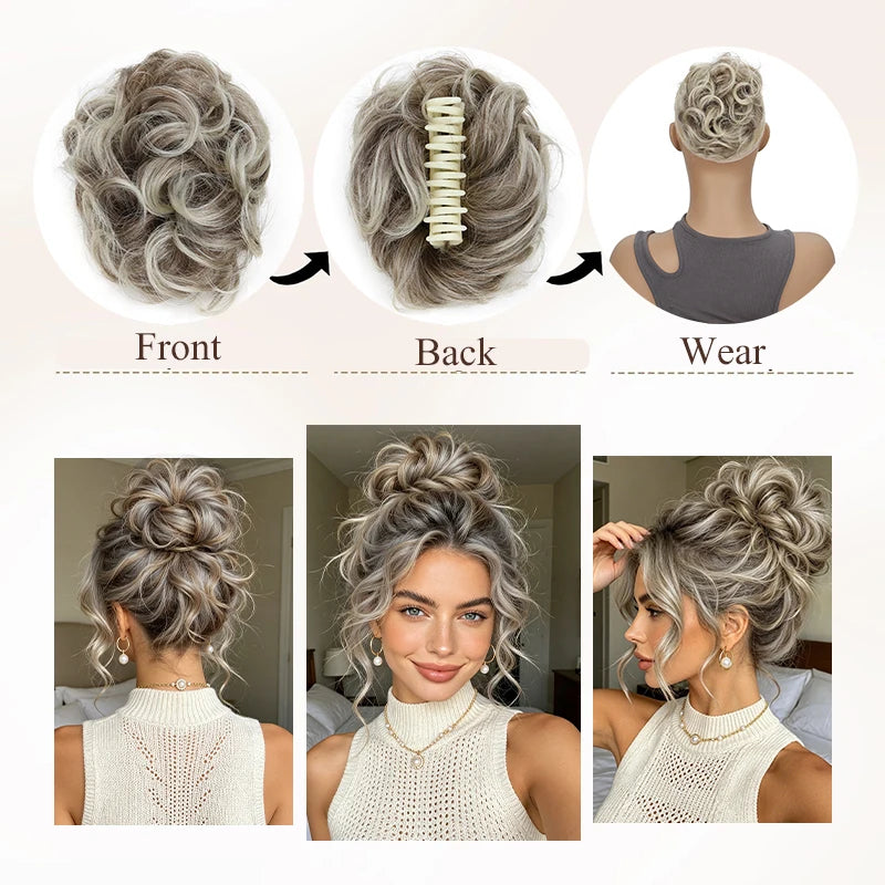 A woman shows off a voluminous curly messy bun hairstyle using a hair accessory.