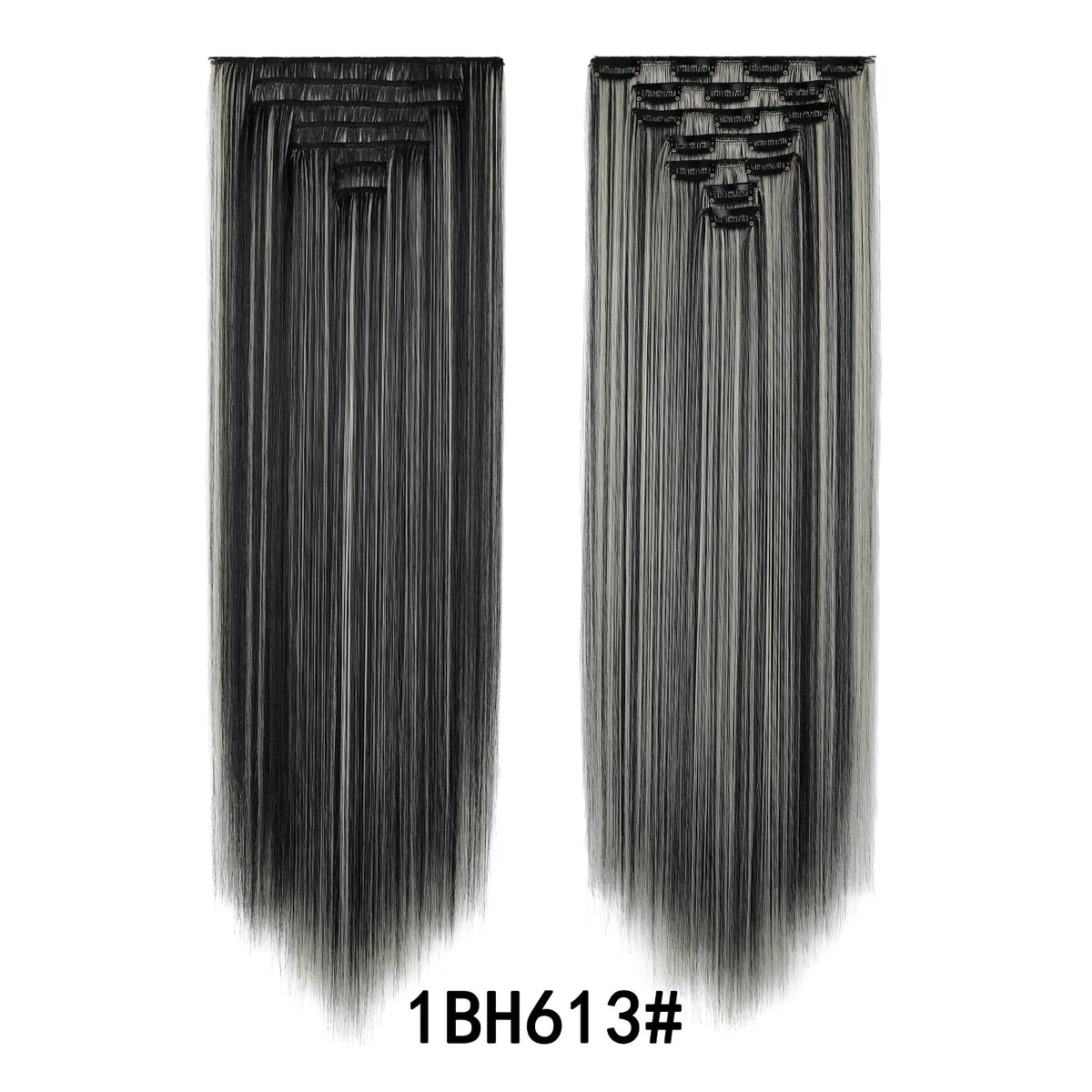 A pair of long, straight black hair extensions shown against a white background.