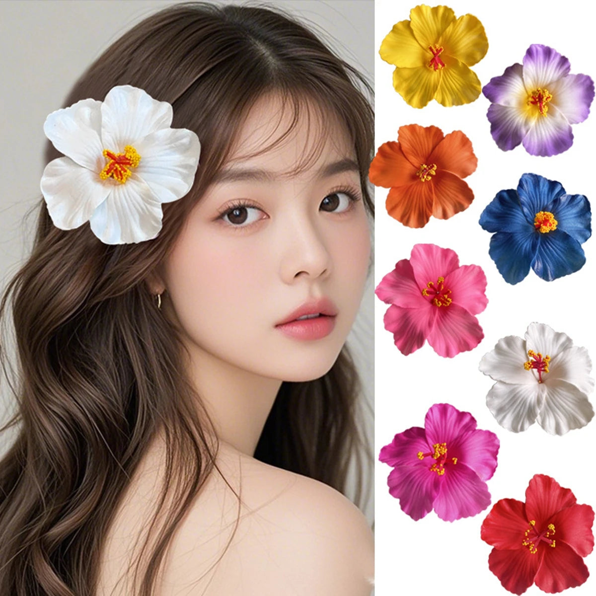 A set of delicate floral hair clips featuring white, yellow, purple, orange, and blue flowers.