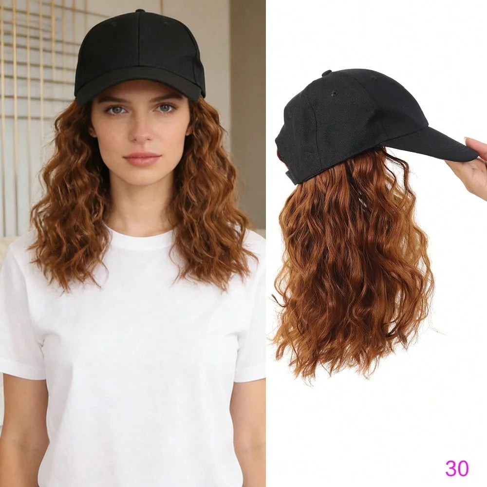 A woman wearing a black adjustable short wave wig and cap, shown in a close-up view.