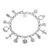 A silver geometric charm bracelet featuring various charms including a cross and heart shapes.