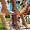 Gold bohemian flower pendant anklets worn on wrists and ankles in various outdoor settings.