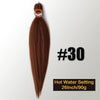 A bundle of dark brown pre-stretched Kanekalon braiding hair extensions labeled #30 with a hot water setting.