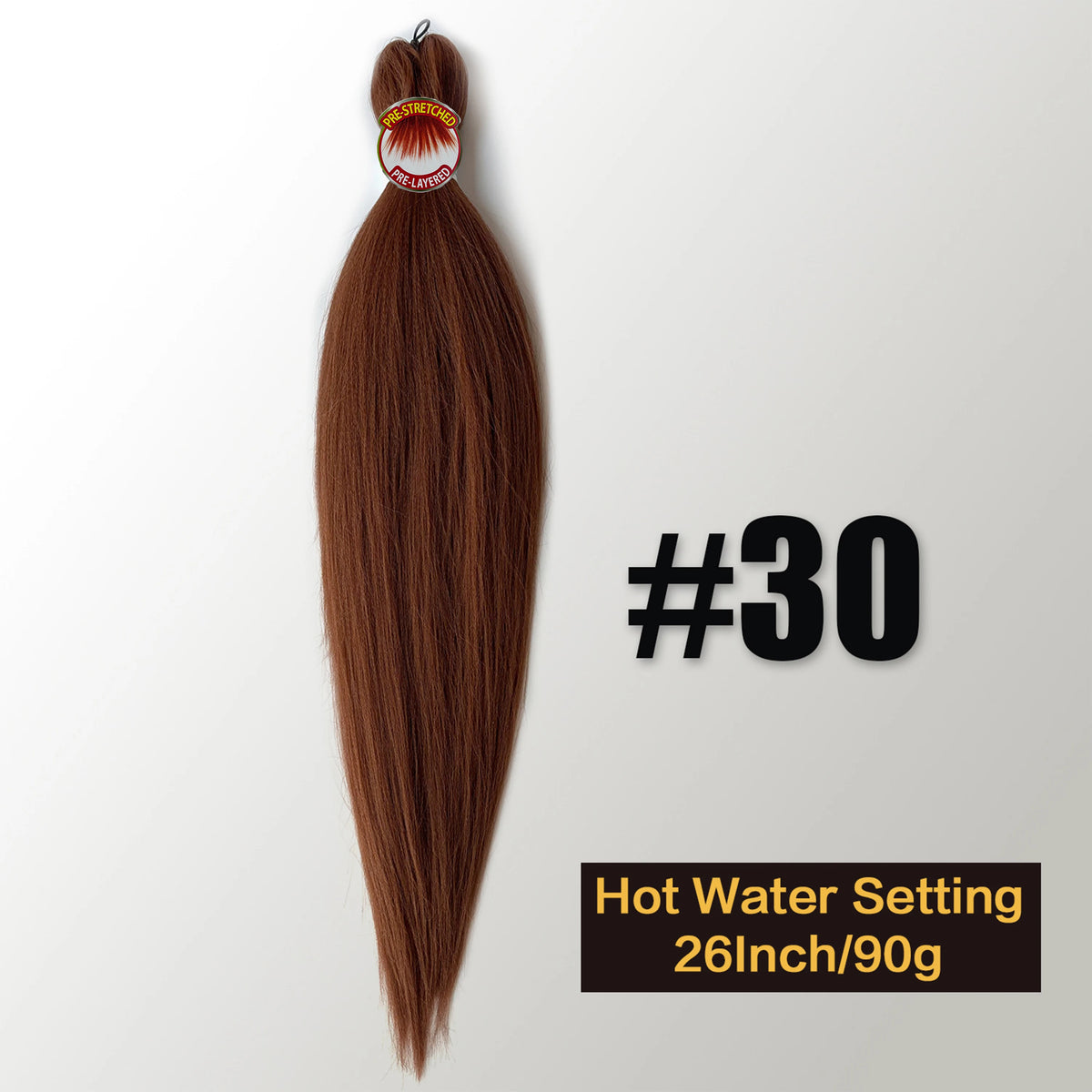 A bundle of dark brown pre-stretched Kanekalon braiding hair extensions labeled #30 with a hot water setting.