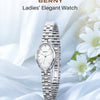 Montre élégante argentée Berny pour femme avec cadran blanc, présentée sur tissu blanc.