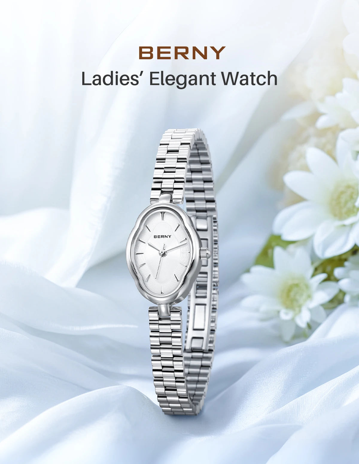Montre élégante argentée Berny pour femme avec cadran blanc, présentée sur tissu blanc.