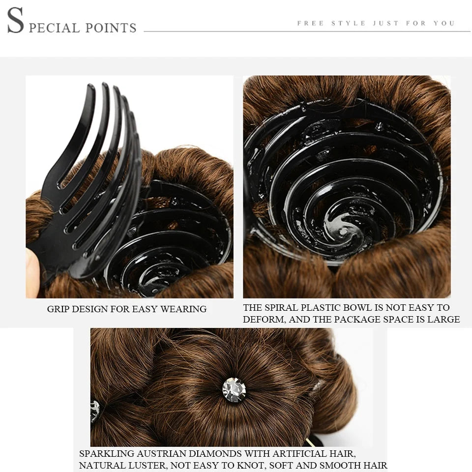 A close-up of a black plastic bowl and hair clip design for easy wearing, alongside sparkling Austrian diamonds with artifici