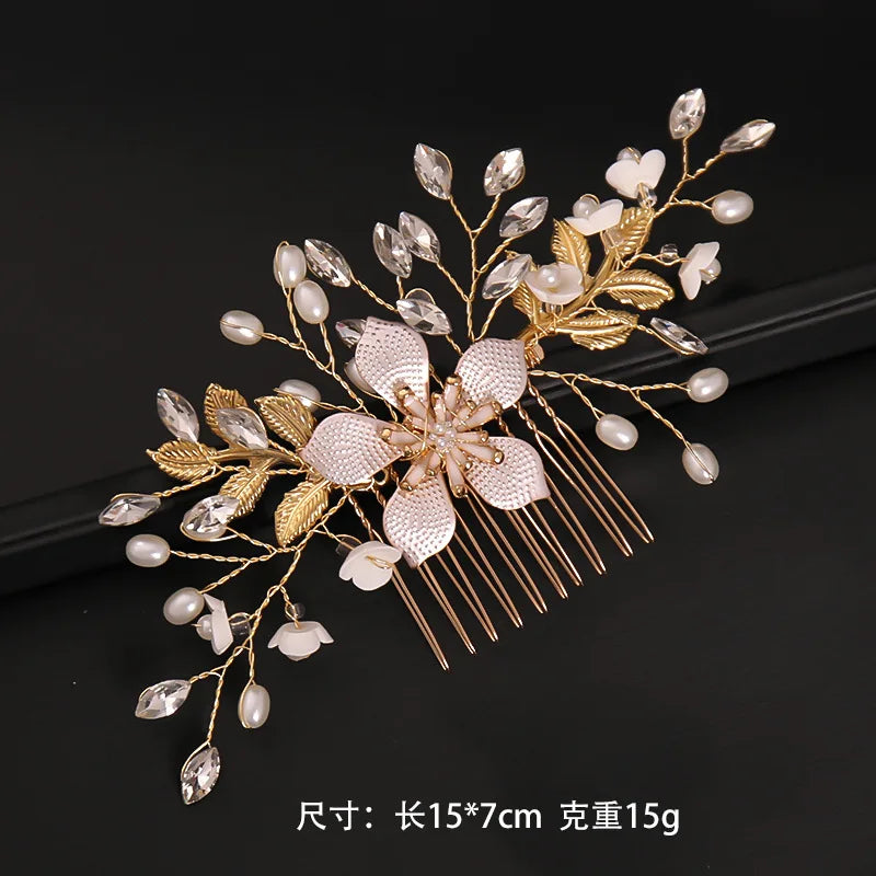 Golden leaf shaped pearl flower hairpin comb with delicate floral accents