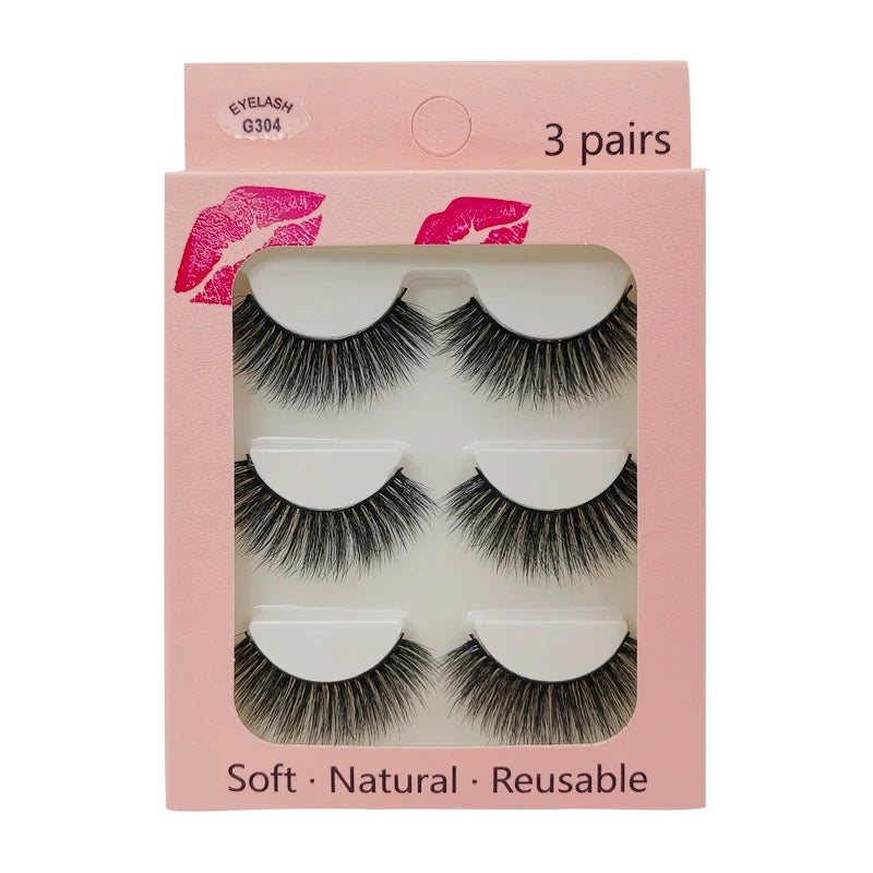 A box of 3 pairs of soft natural reusable mink strip eyelashes with pink packaging.