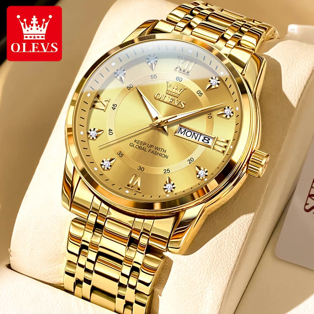 A gold-toned men's watch with a gold bracelet and a light yellow dial featuring Roman numerals and a crown logo.