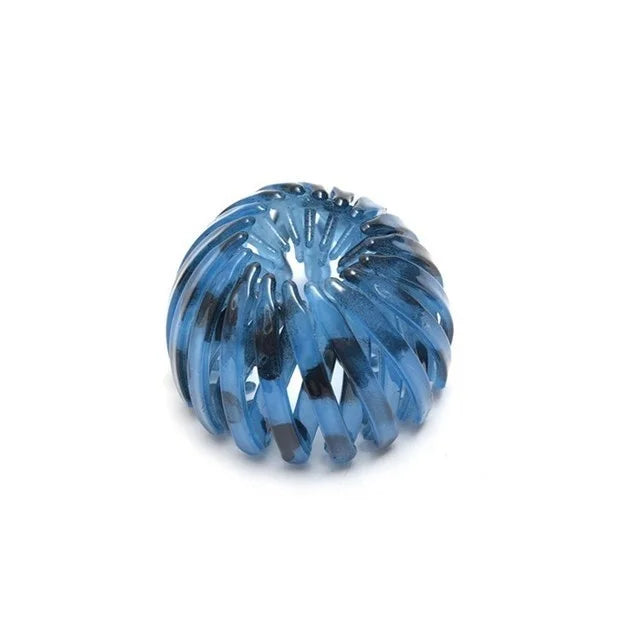 A close-up of a cluster of blue, iridescent, hand-cut glass hair clips shaped like a horsetail.