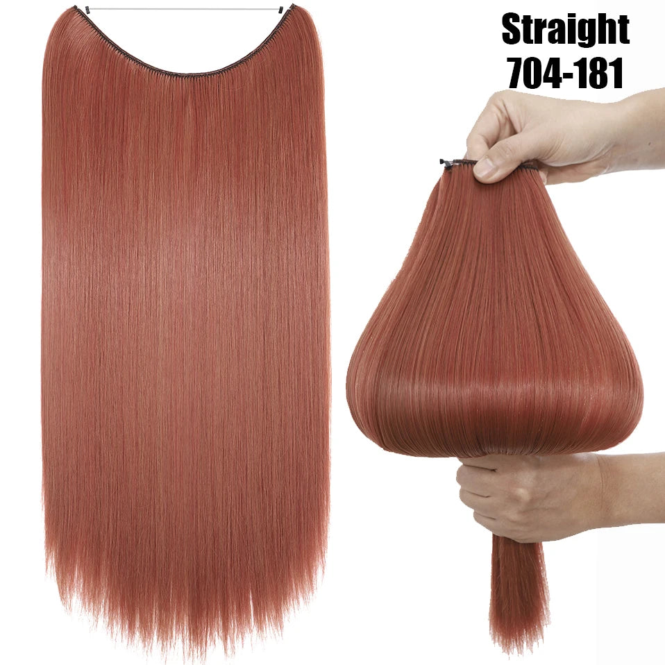 A straight, reddish-brown hair extension is shown flat and a section being held by a hand.