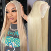 Close-up of a blonde straight HD lace front wig displayed on a model's head.