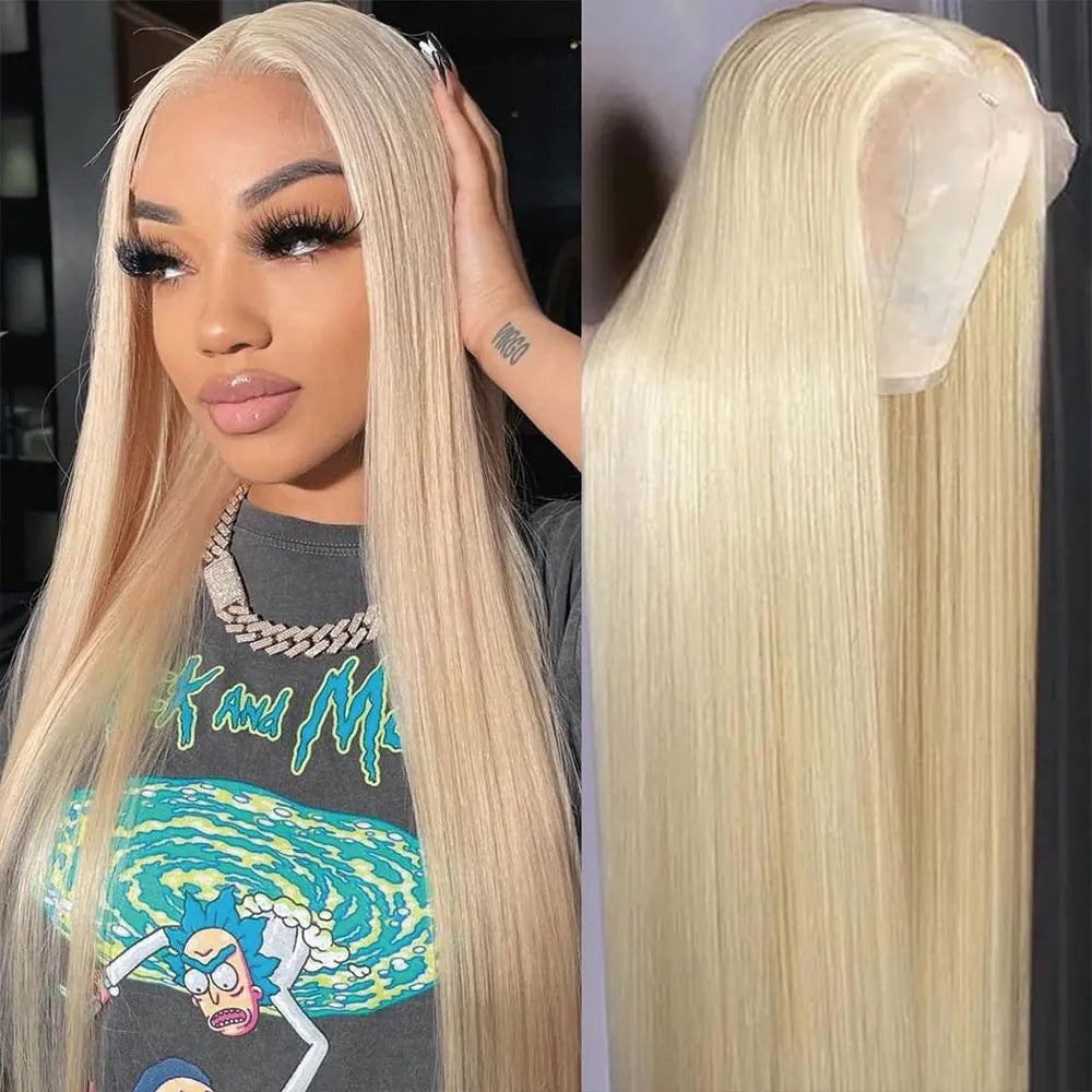 Close-up of a blonde straight HD lace front wig displayed on a model's head.