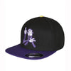 Black unisex adjustable snapback cap with purple graphic print
