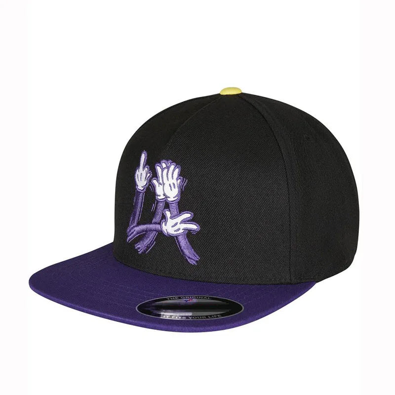 Black unisex adjustable snapback cap with purple graphic print
