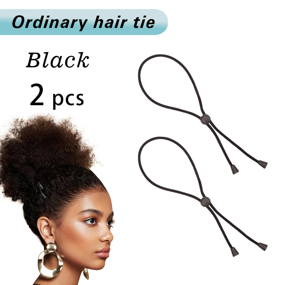 Black ordinary hair ties with gold accents shown next to a woman's curly hairstyle