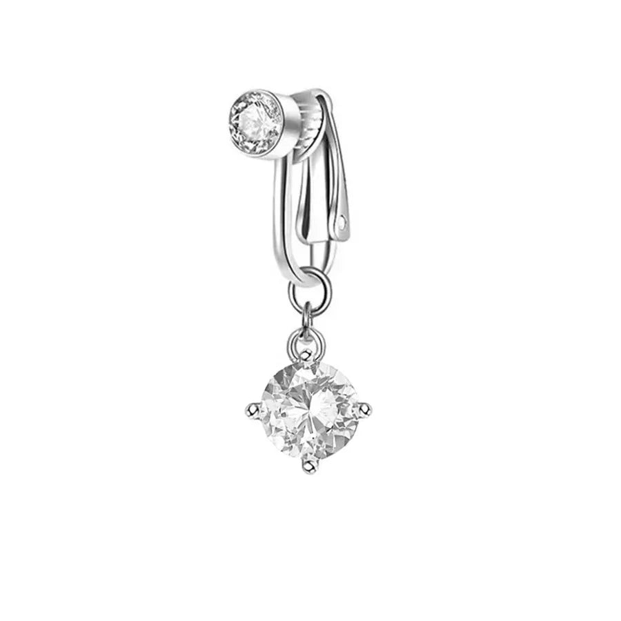 Silver fashion belly button ring with a clear gemstone pendant and bail.