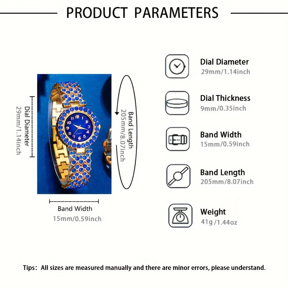 A set of elegant ladies quartz wristwatches showing various product parameters like diameter, thickness, and weight.