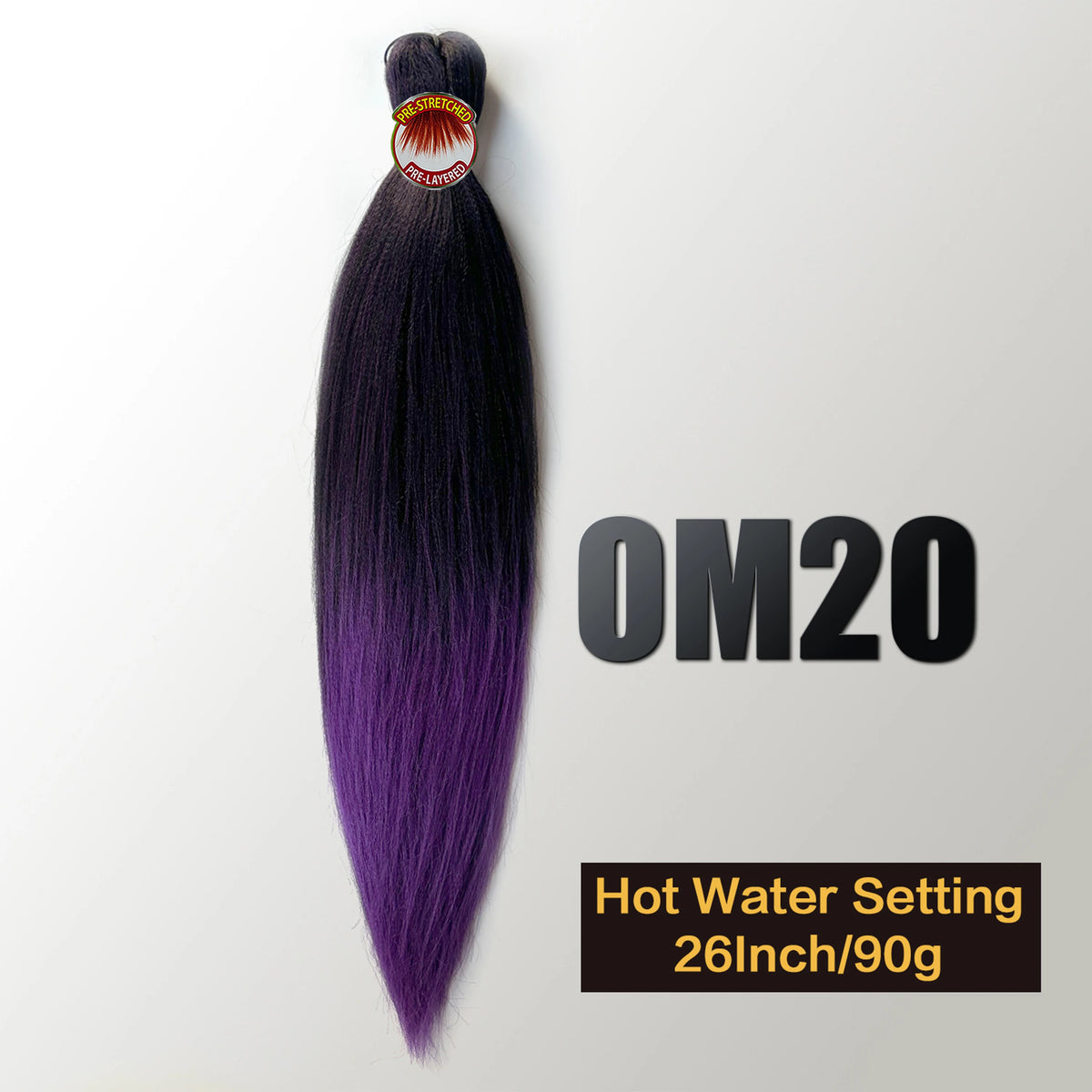 A bundle of dark purple pre-stretched Kanekalon braiding hair extensions labeled OM20 with a hot water setting instruction.