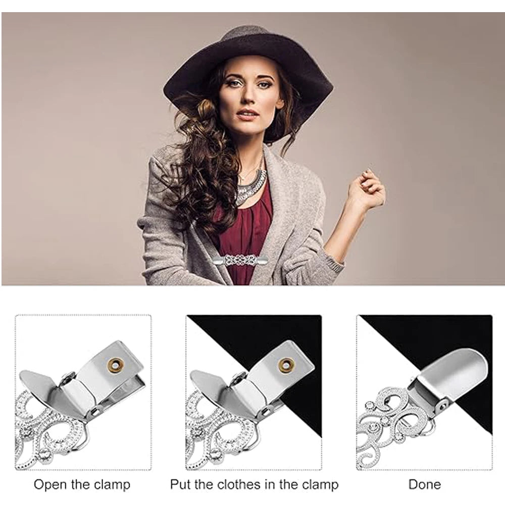 Close-up shots showing how to open, use, and close the Vintage Flower Sweater Clips.