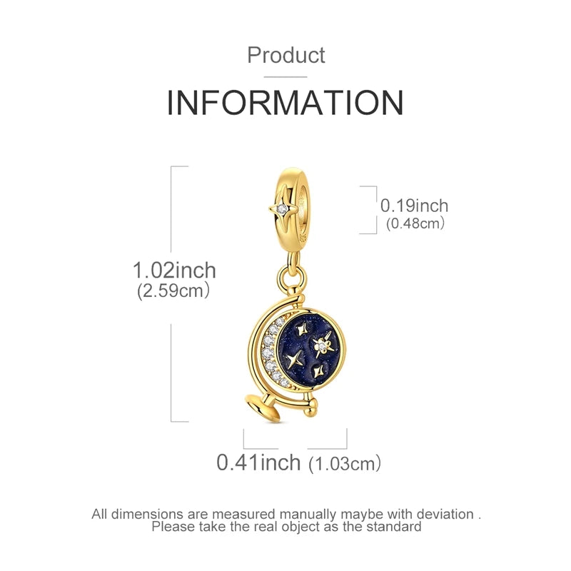 A gold-colored sterling silver star moon charm bracelet with a round blue charm and a jump ring.