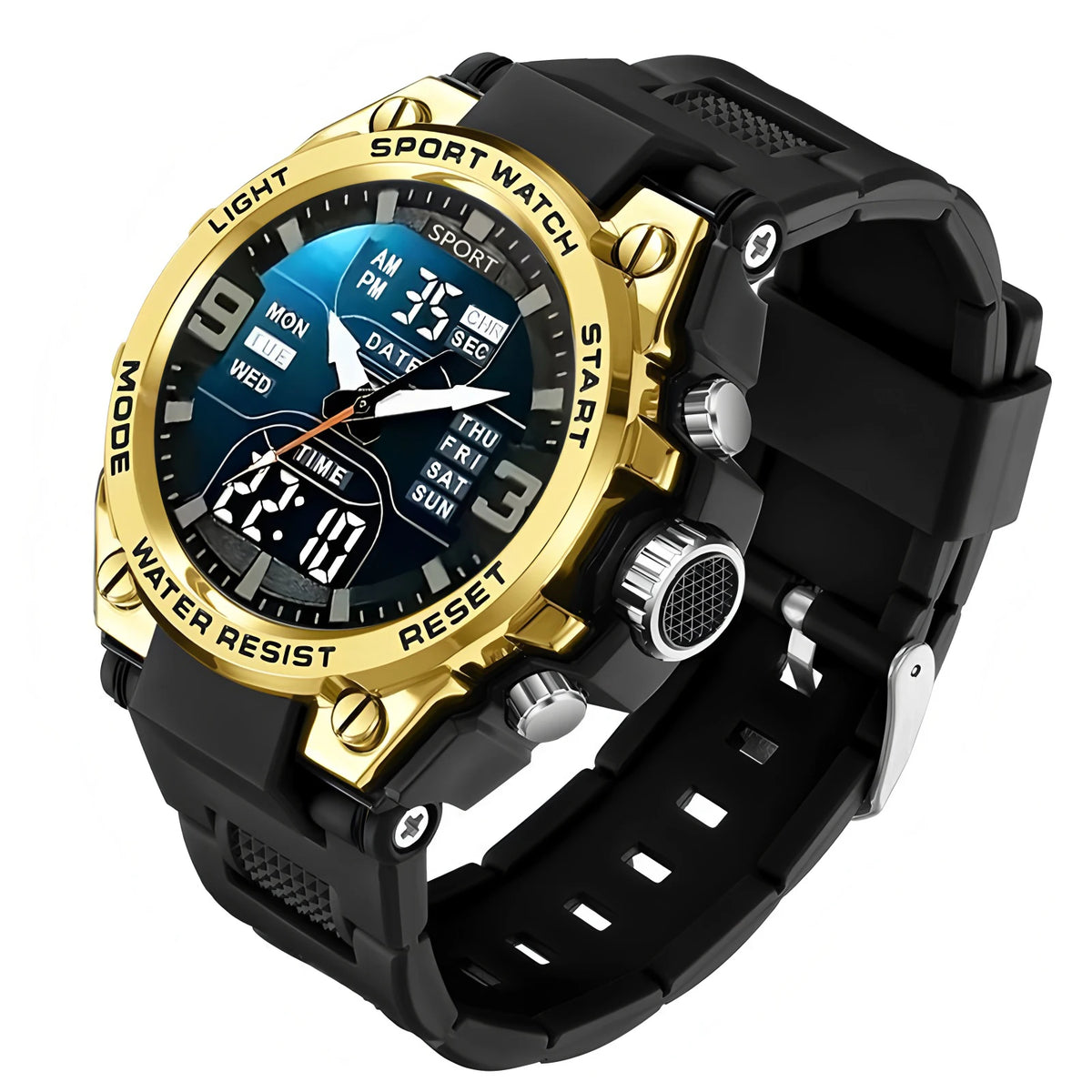 A black and gold digital sports watch with a round face displaying time, date, and day, set against a dark background.