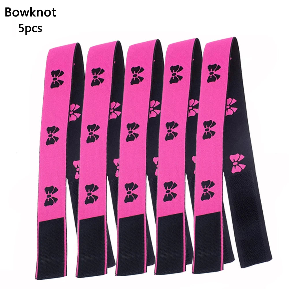 Five pink and black bowknot fabric headbands for wigs and scarves