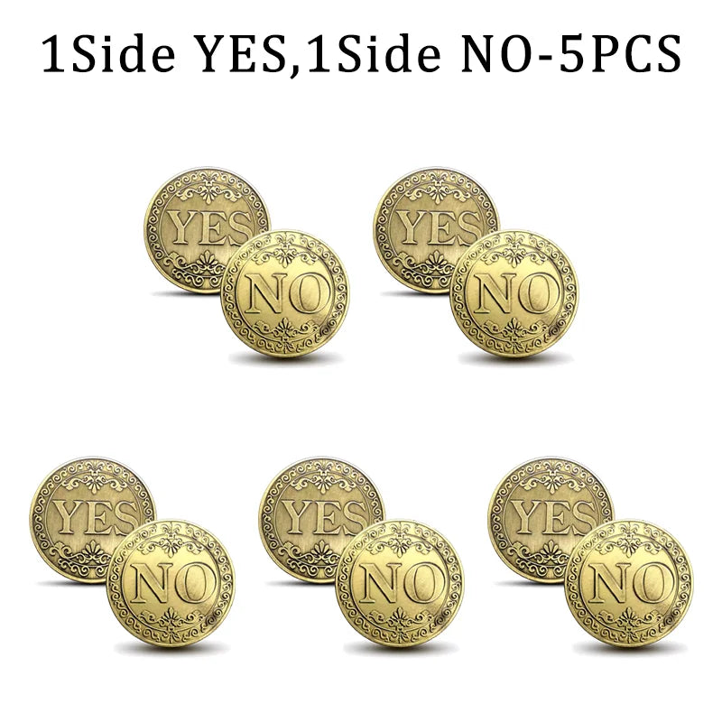 Five vintage antique bronze decision coins showing both YES and NO faces.