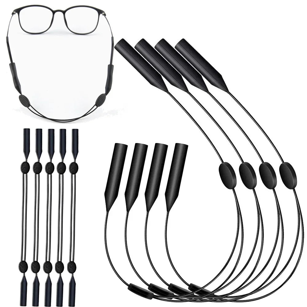 Un juego de cordones y correas para gafas de silicona ajustables en negro.