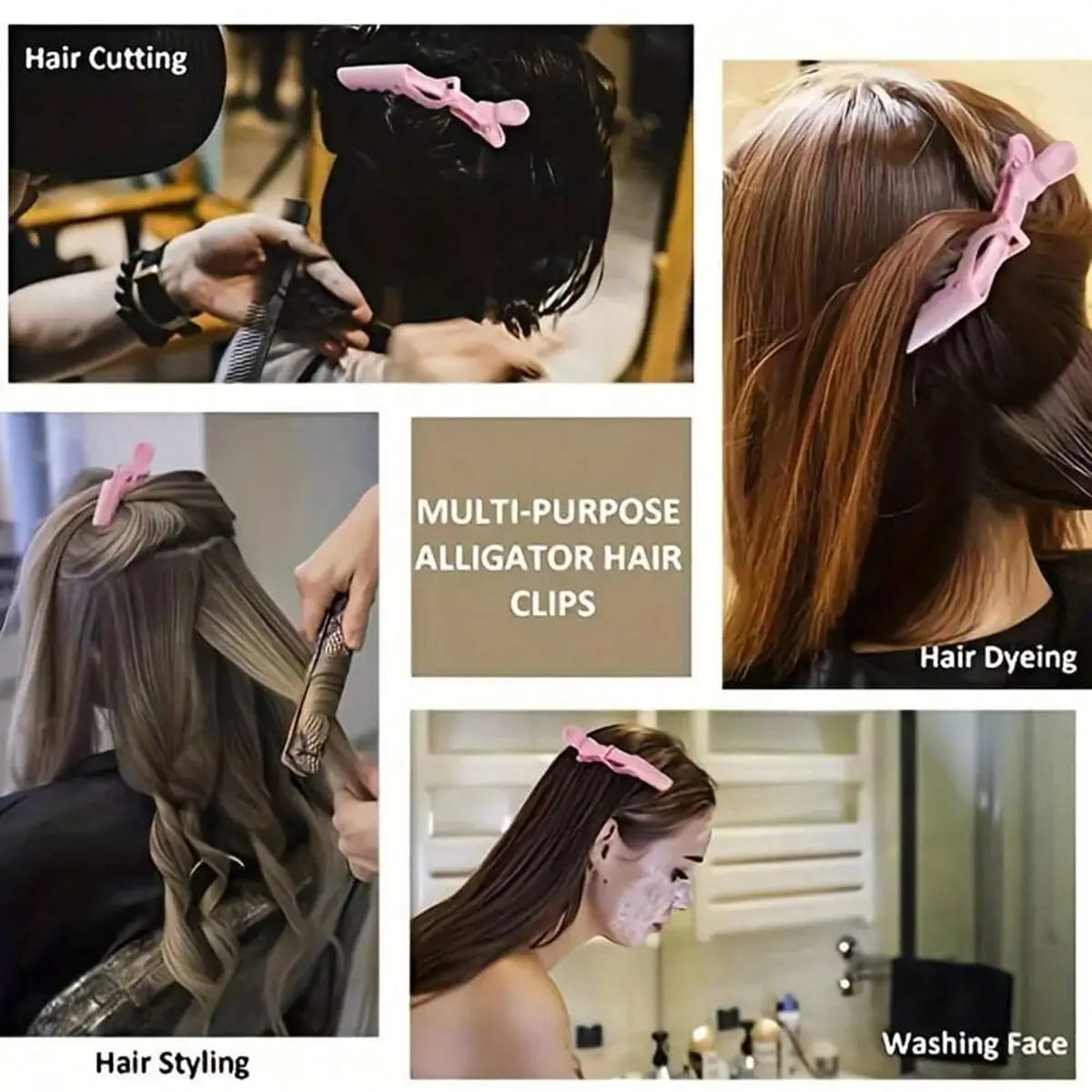 A set of multi-purpose alligator hair clips used for hair cutting, styling, and dyeing.