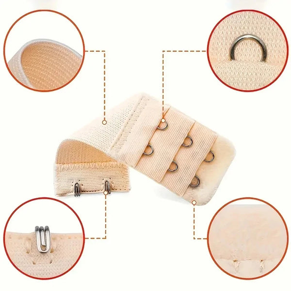 A set of beige adjustable bra extender straps with metal clasps shown in various angles.