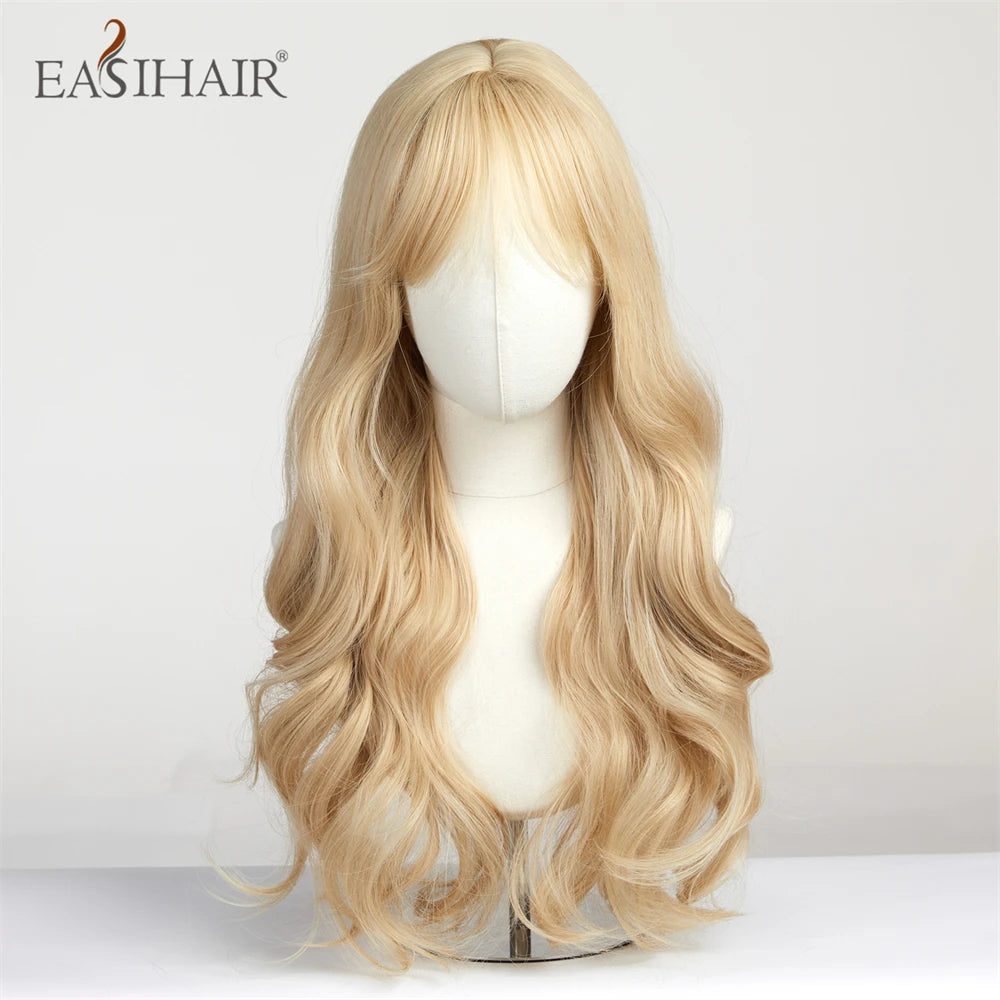 Sandy blonde golden wavy cosplay wig with long bangs displayed on a mannequin