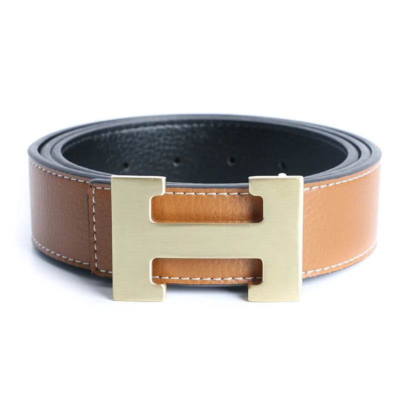 A brown leather dress belt with a gold-toned H buckle and black strap.