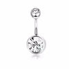 A silver surgical stainless steel belly button ring with a stud and a round gemstone.