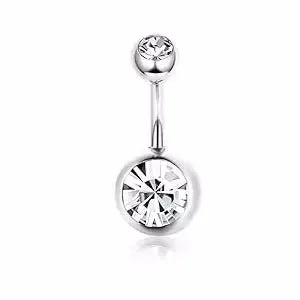 A silver surgical stainless steel belly button ring with a stud and a round gemstone.