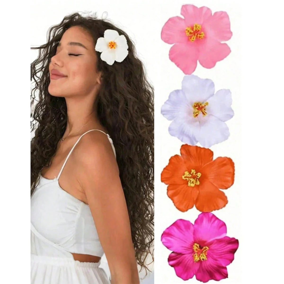 A woman with long dark hair is shown wearing a delicate floral hair clip set featuring pink, white, purple, and orange flower