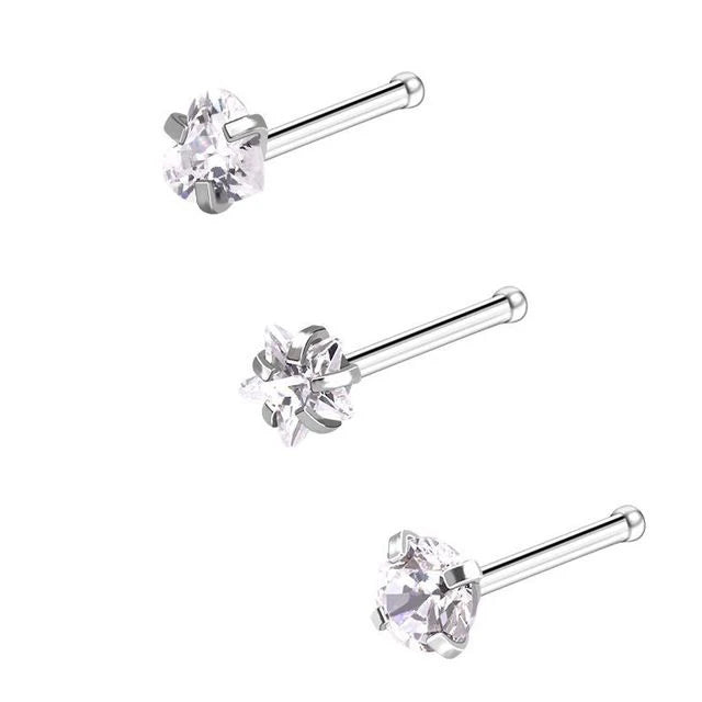 Three pairs of heart star zirconia nostril stud earrings shown on a white background.