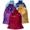 A collection of satin drawstring storage bags in purple, blue, gold, and maroon.