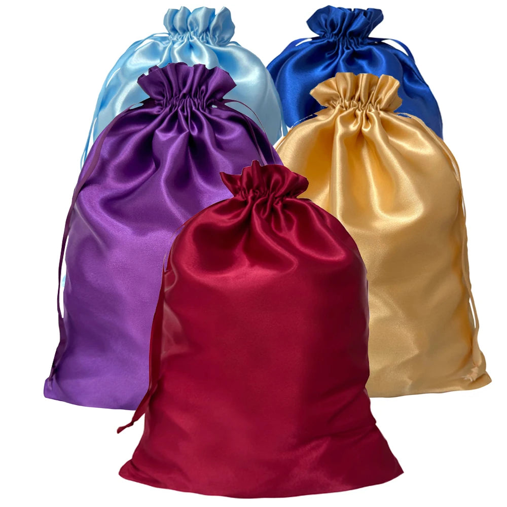 A collection of satin drawstring storage bags in purple, blue, gold, and maroon.