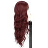 A long, wavy synthetic wig in a deep red wine color displayed on a mannequin.